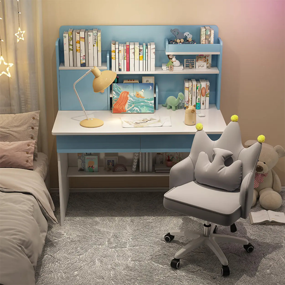 Wooden Kids Writing Desk with Shelves and Hutch Image - 4