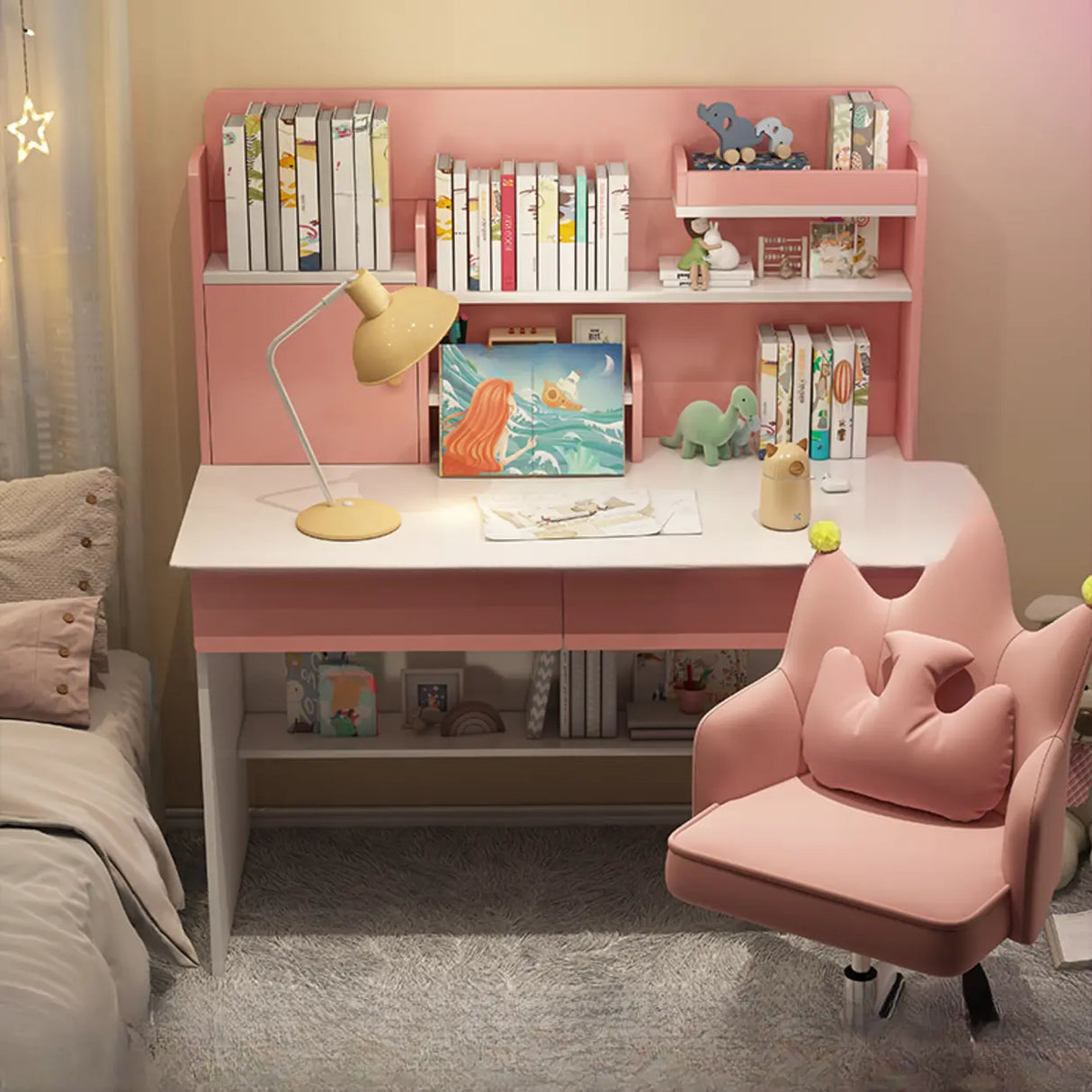 Wooden Kids Writing Desk with Shelves and Hutch Image - 6