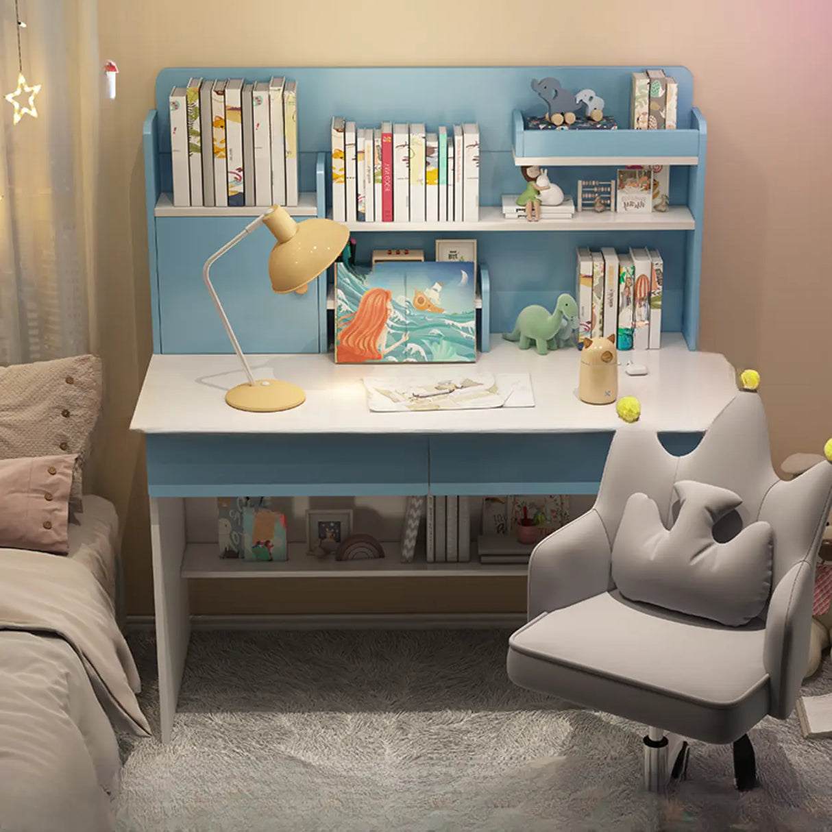 Wooden Kids Writing Desk with Shelves and Hutch Image - 7