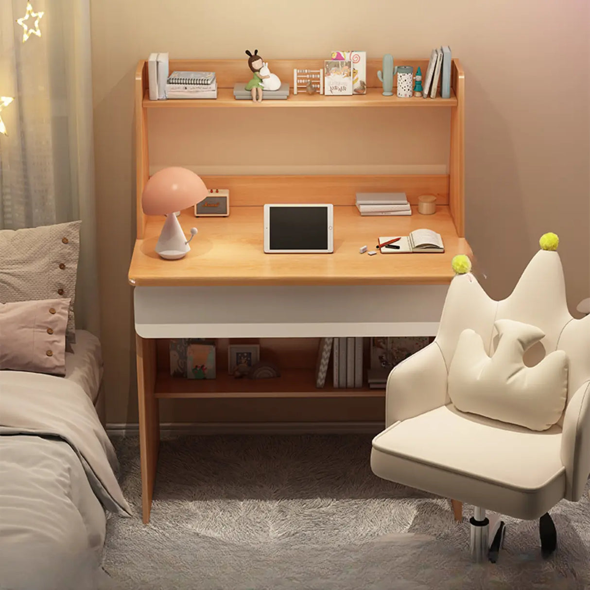 Wooden Kids Writing Desk with Shelves and Hutch Image - 9