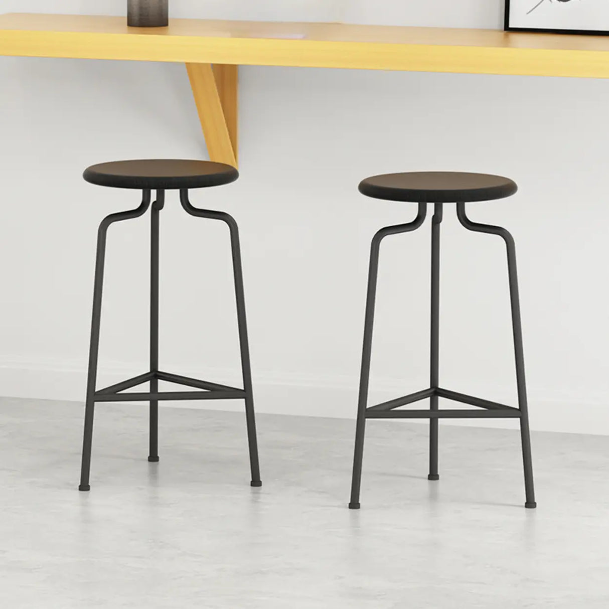 Wooden Round Backless Bar Stool with Iron Tripod Base Image - 1