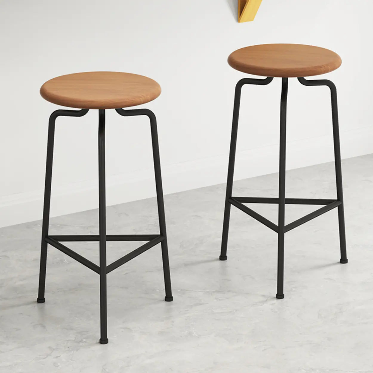 Wooden Round Backless Bar Stool with Iron Tripod Base Image - 2