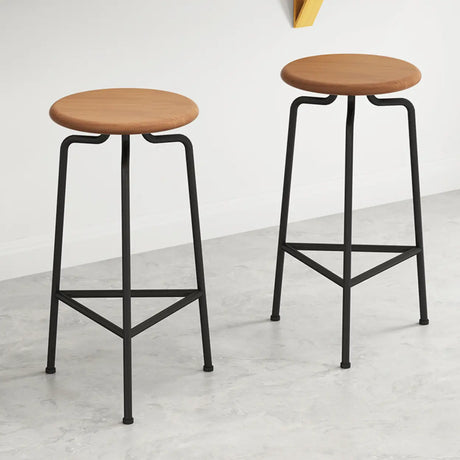Wooden Round Backless Bar Stool with Iron Tripod Base Image - 2
