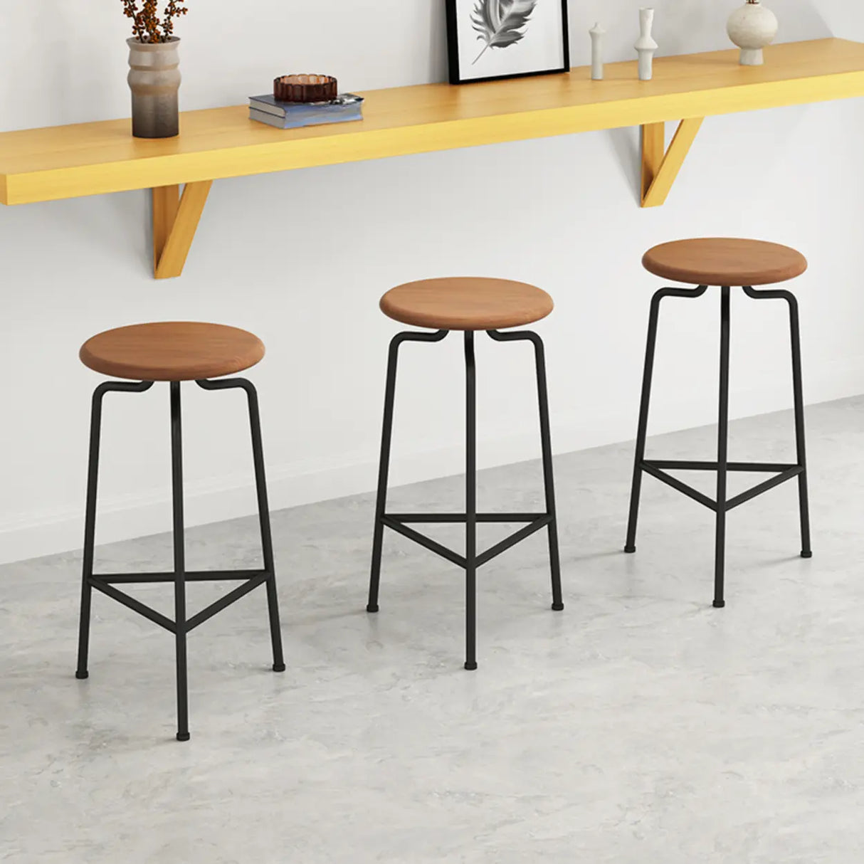 Wooden Round Backless Bar Stool with Iron Tripod Base Image - 3