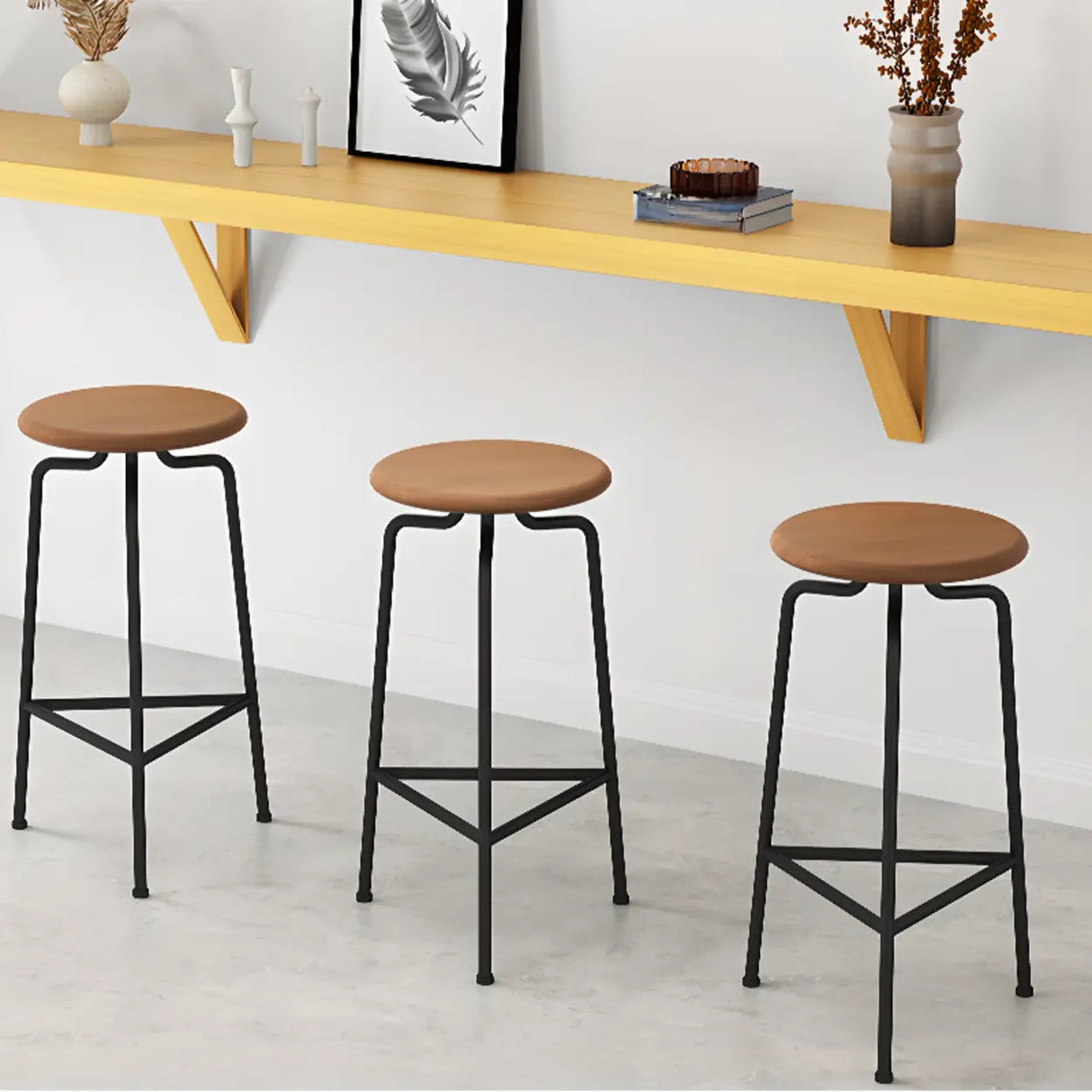 Wooden Round Backless Bar Stool with Iron Tripod Base Image - 5