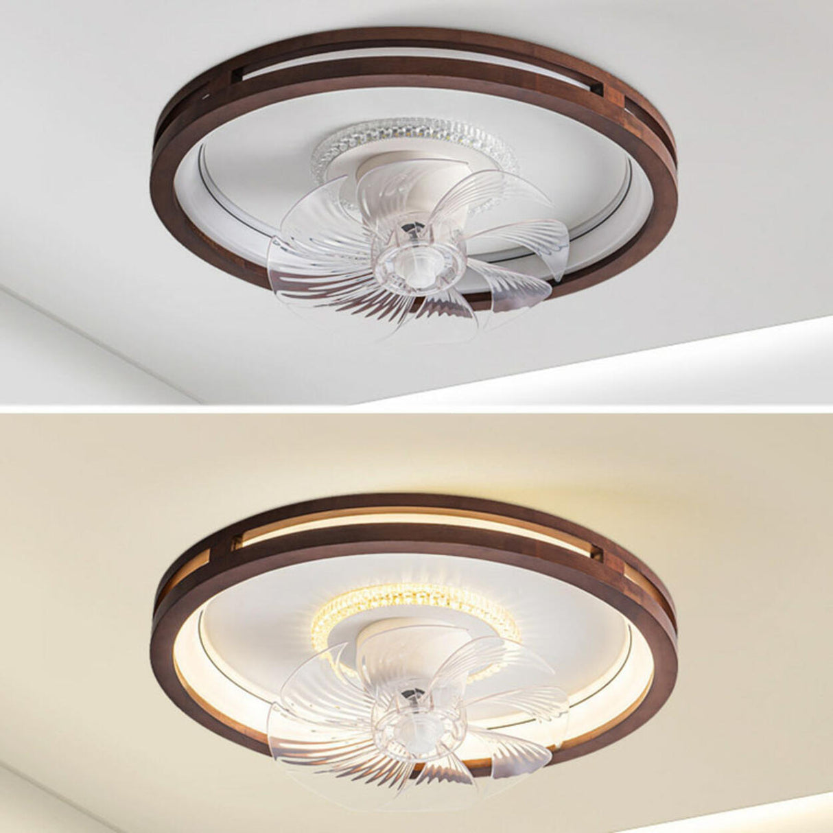 Wooden Round Clear Blade Remote Ceiling Fan with Light Image - 10