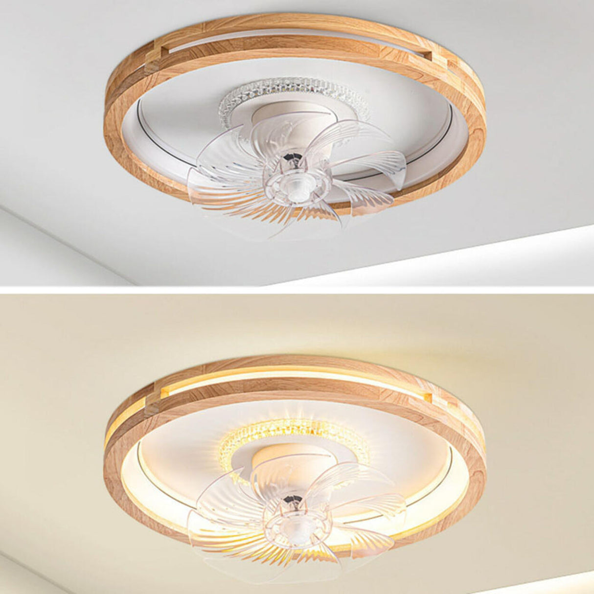 Wooden Round Clear Blade Remote Ceiling Fan with Light Image - 11