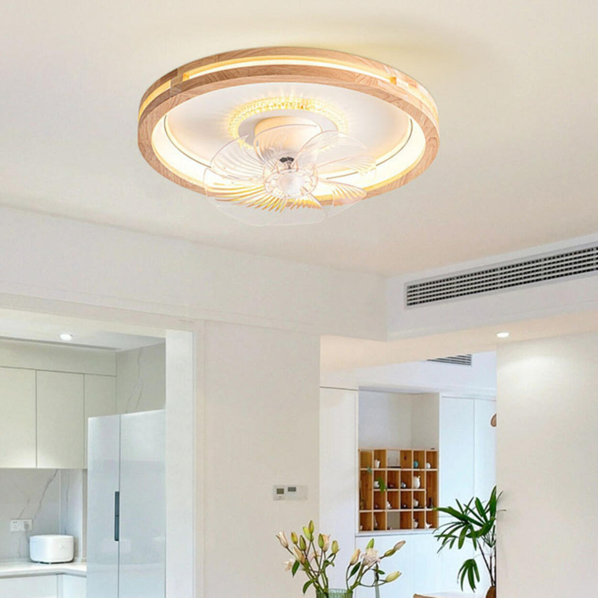 Wooden Round Clear Blade Remote Ceiling Fan with Light Image - 12