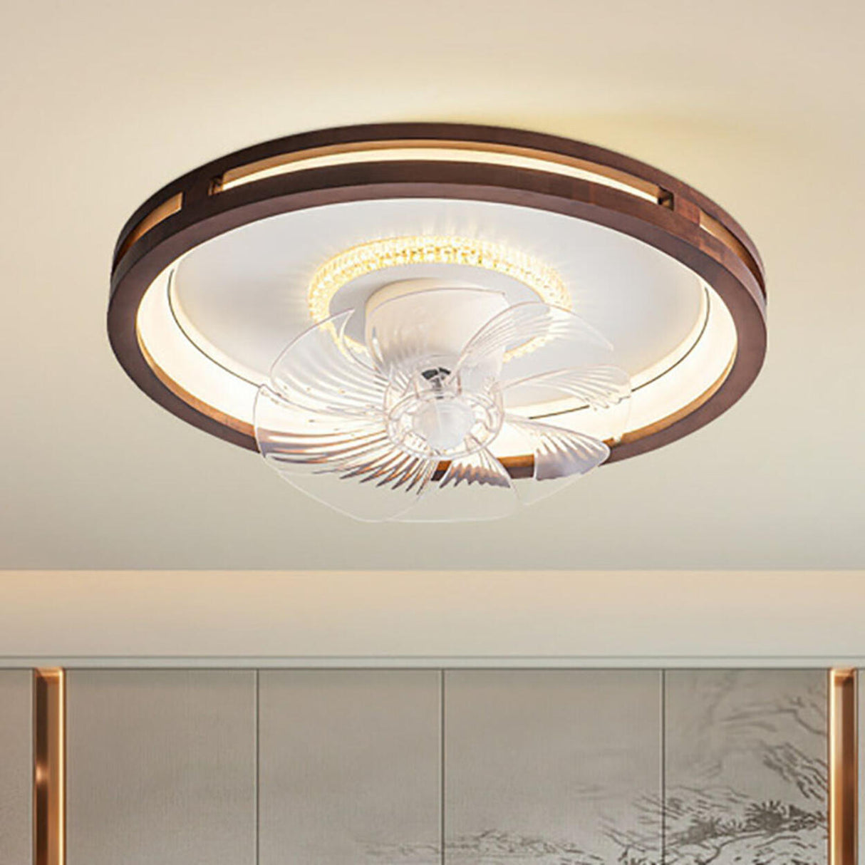 Wooden Round Clear Blade Remote Ceiling Fan with Light Image - 14