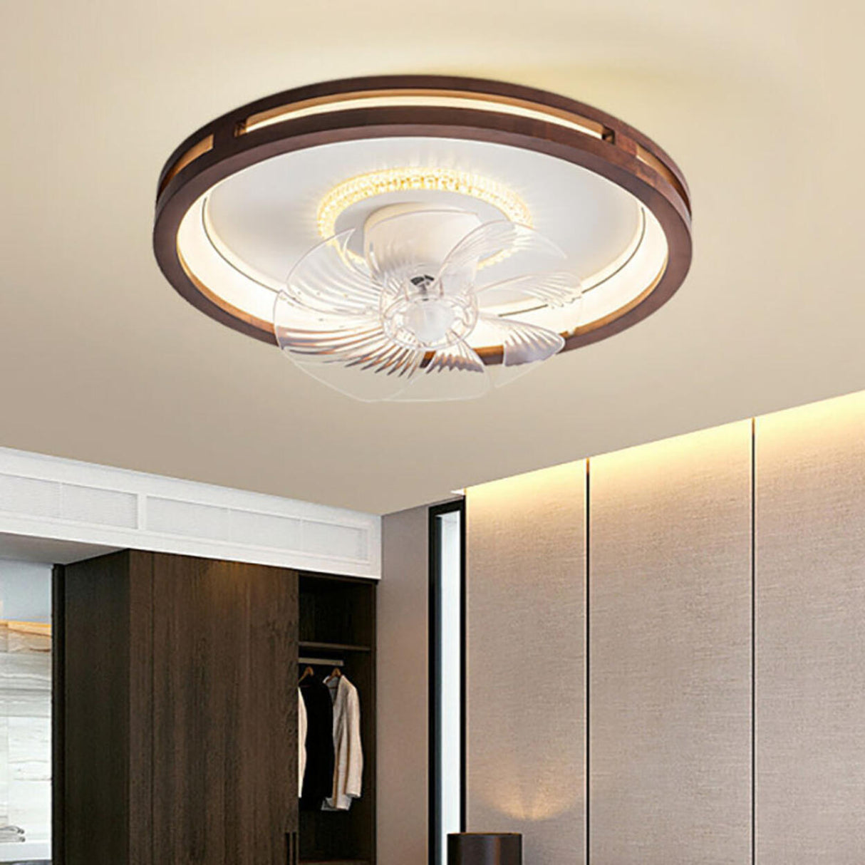 Wooden Round Clear Blade Remote Ceiling Fan with Light Image - 3