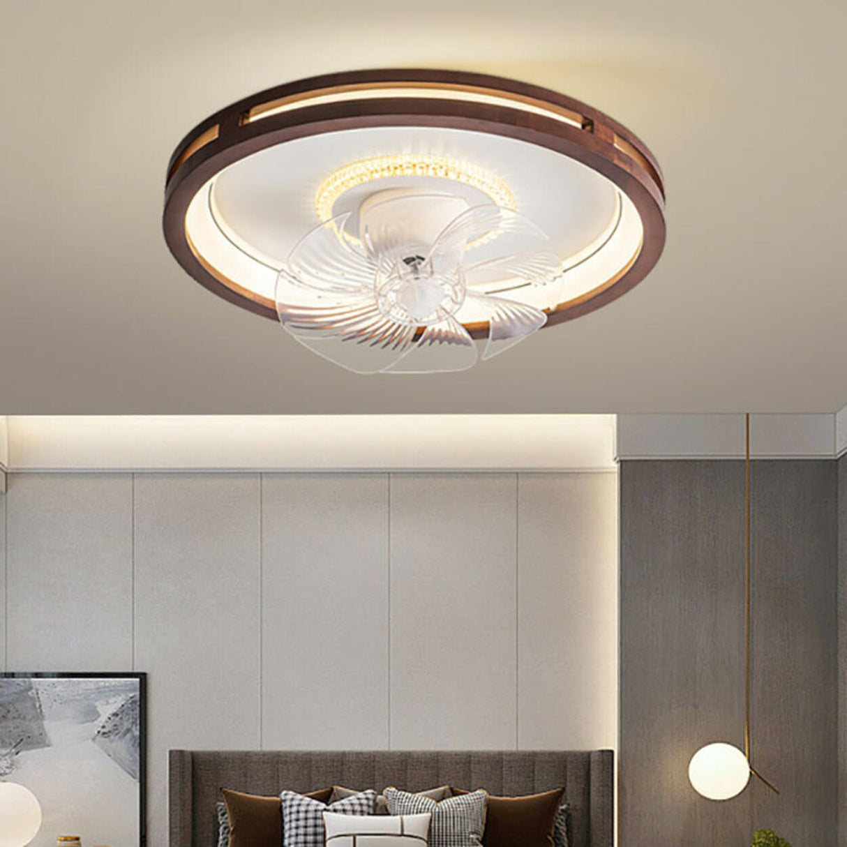 Wooden Round Clear Blade Remote Ceiling Fan with Light Image - 4