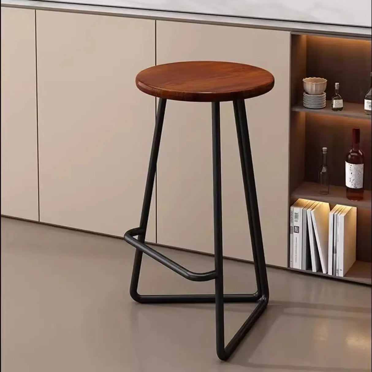 Wooden Round Metal Tripod Base Bar Stool with Footrest Image - 10