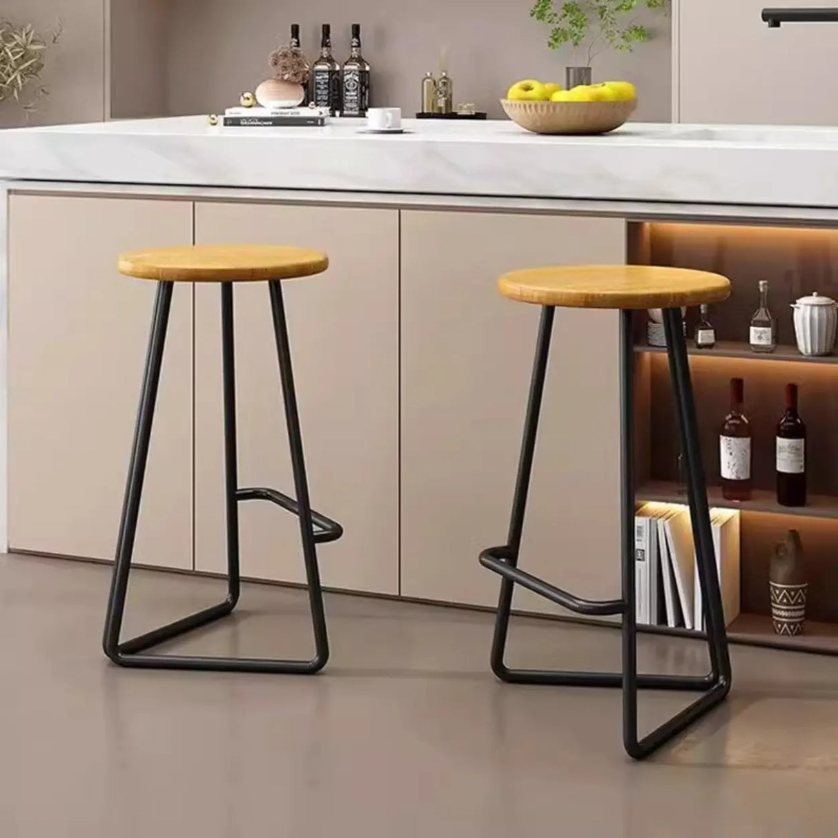 Wooden Round Metal Tripod Base Bar Stool with Footrest Image - 6