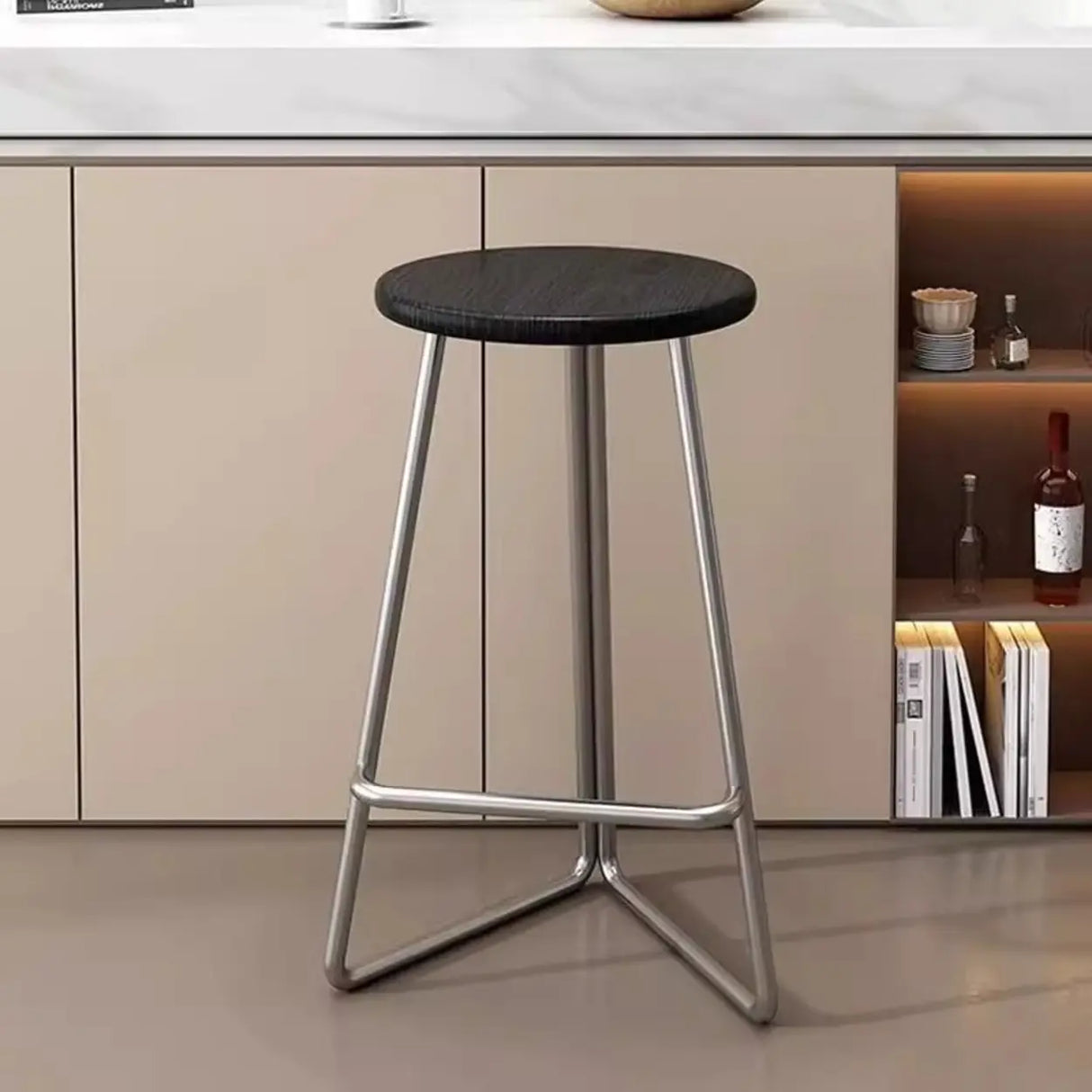 Wooden Round Metal Tripod Base Bar Stool with Footrest Image - 8