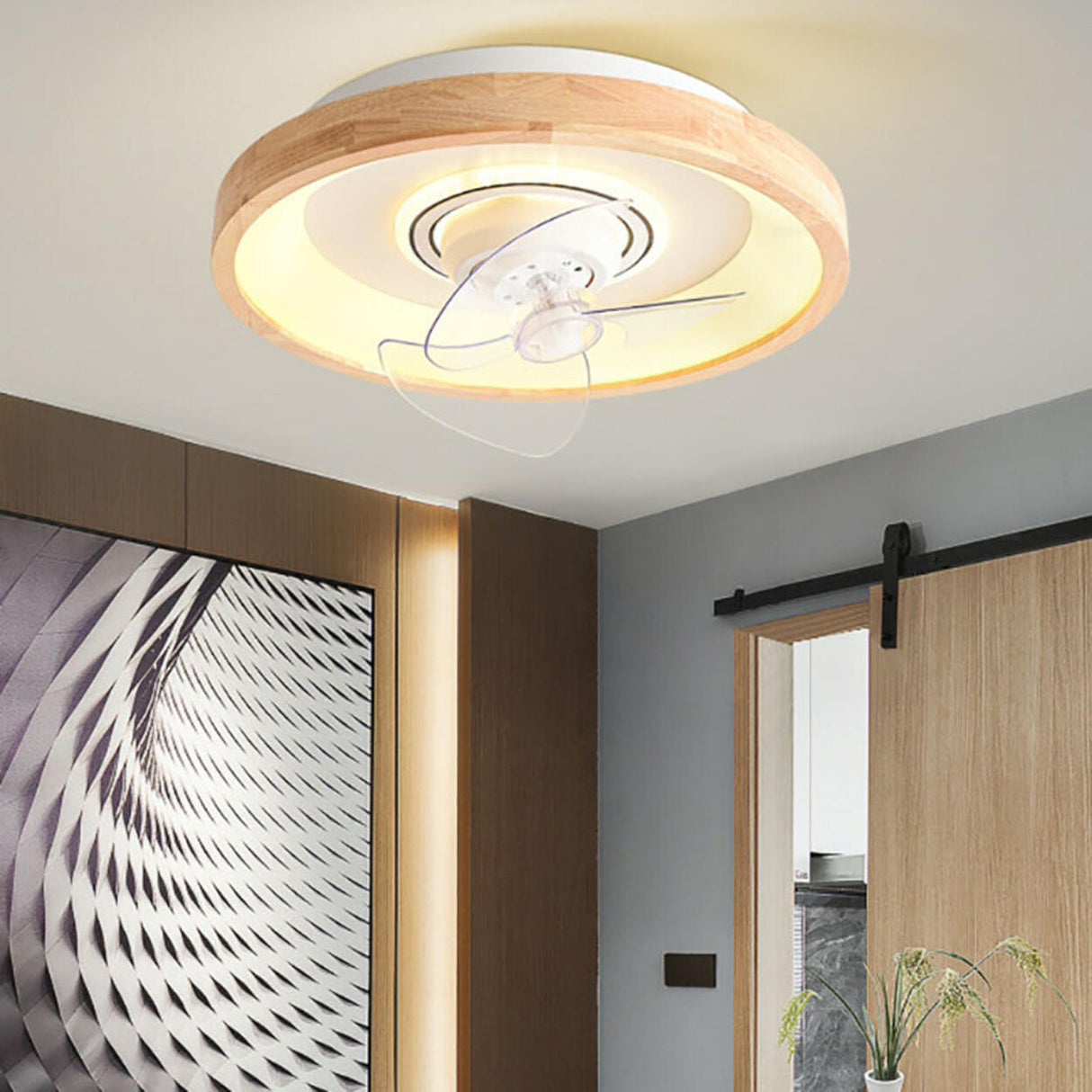 Wooden Round Remote Control Flush Mount Light with Fan Image - 1
