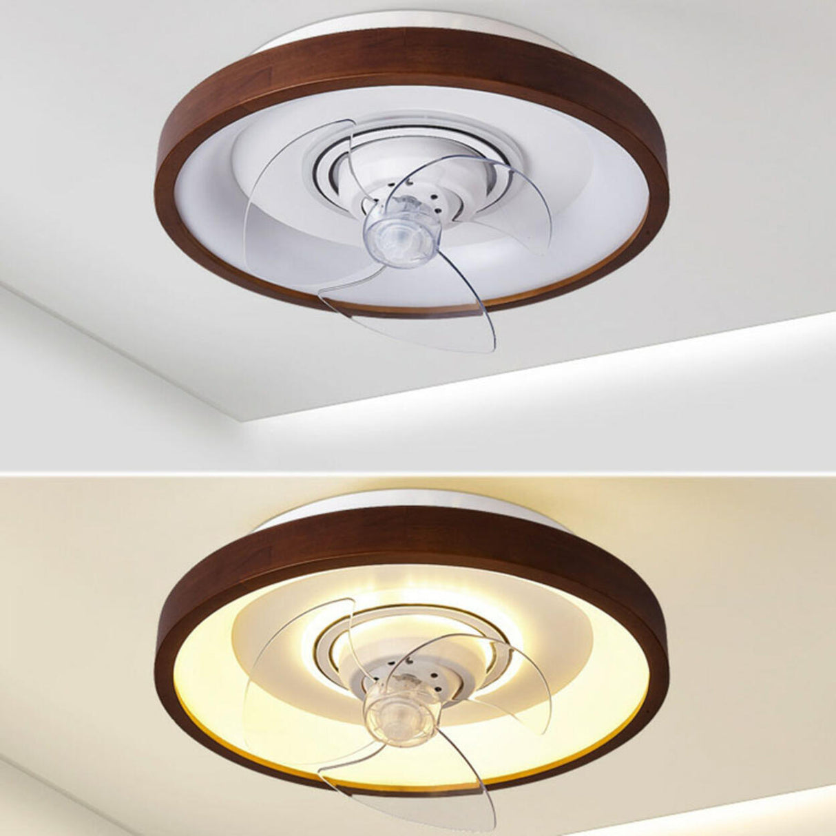 Wooden Round Remote Control Flush Mount Light with Fan Image - 11