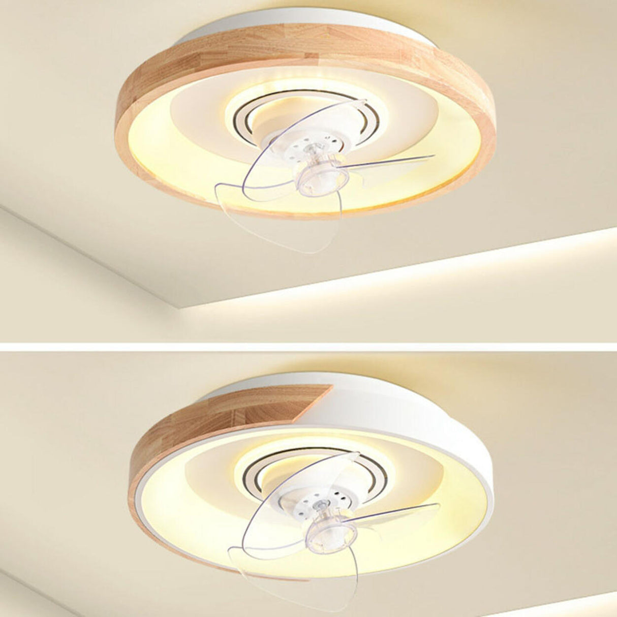 Wooden Round Remote Control Flush Mount Light with Fan Image - 12