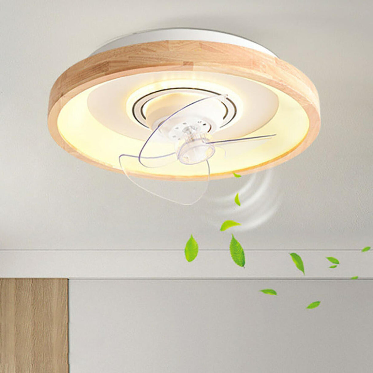 Wooden Round Remote Control Flush Mount Light with Fan Image - 14