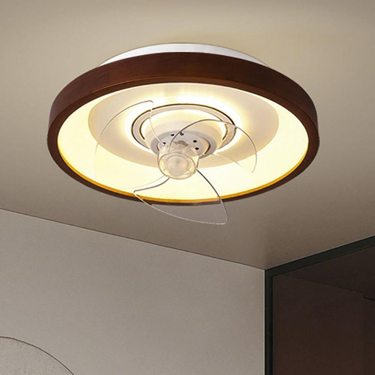 Wooden Round Remote Control Flush Mount Light with Fan Image - 3