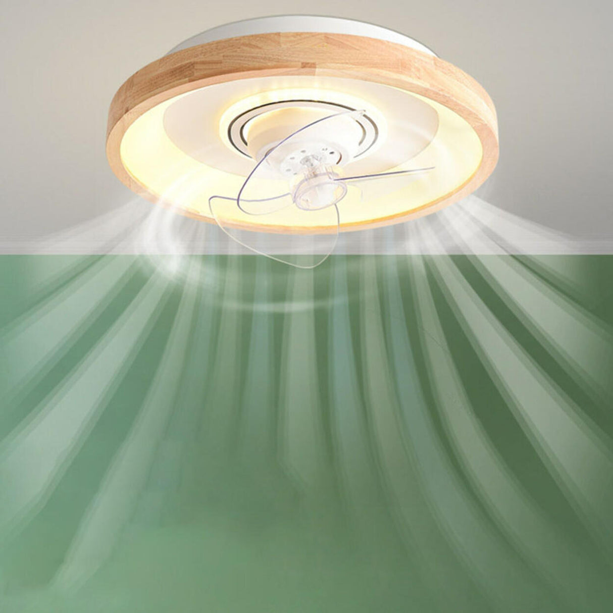 Wooden Round Remote Control Flush Mount Light with Fan Image - 4