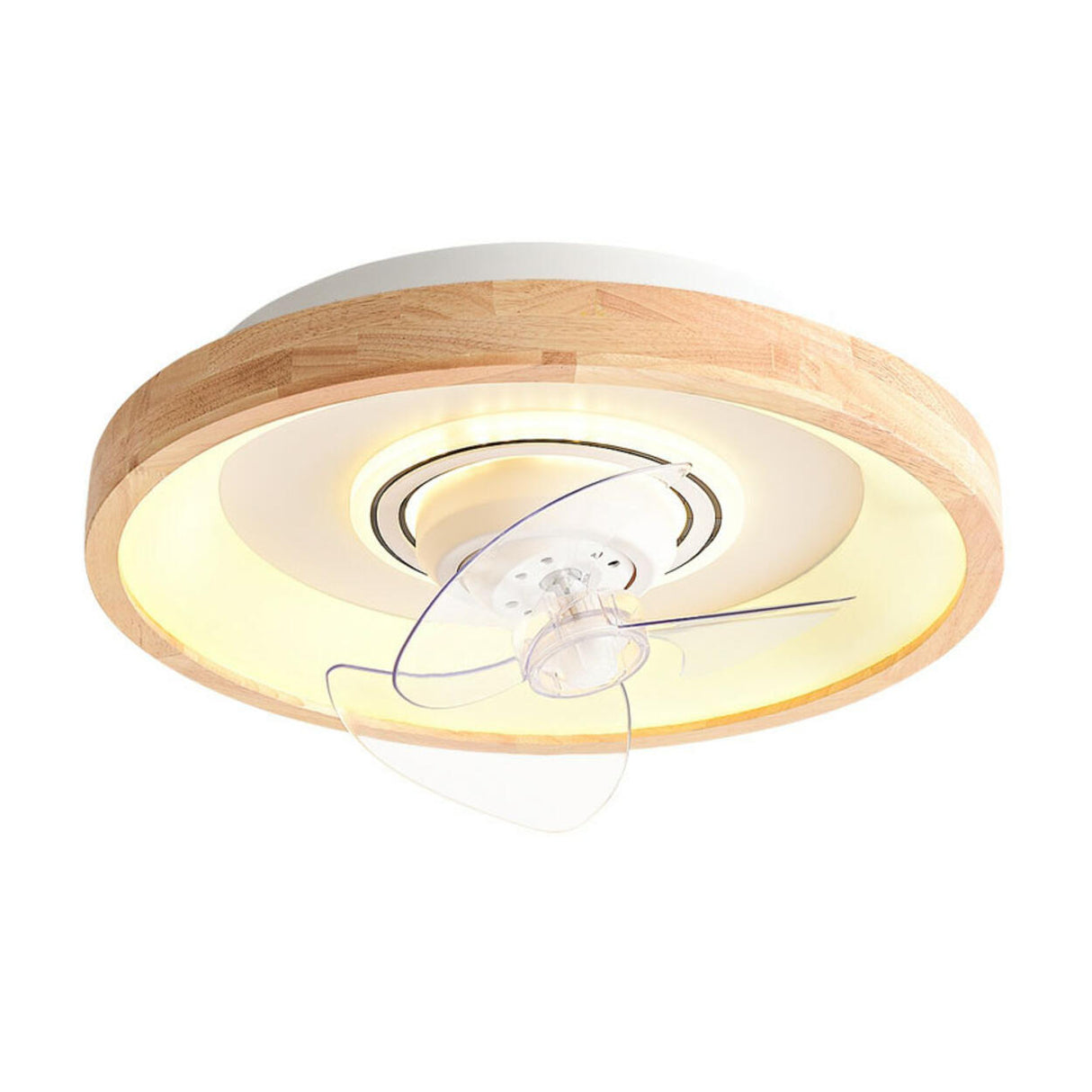 Wooden Round Remote Control Flush Mount Light with Fan Image - 5