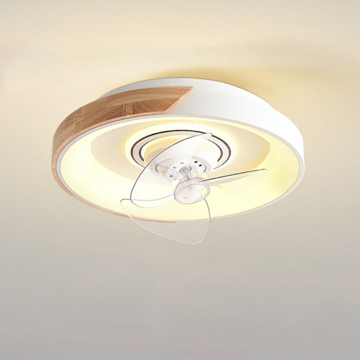 Wooden Round Remote Control Flush Mount Light with Fan Image - 6