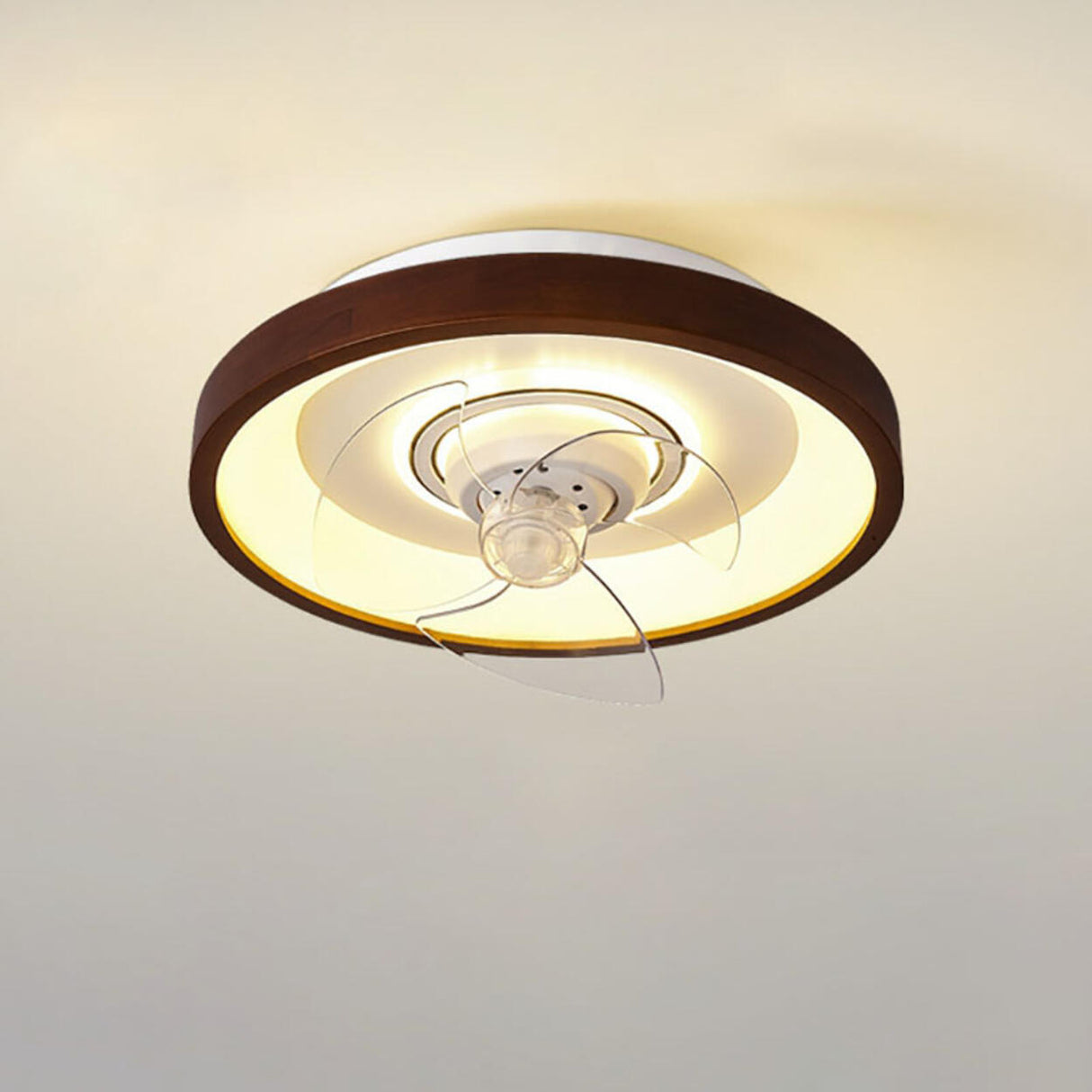Wooden Round Remote Control Flush Mount Light with Fan Image - 7