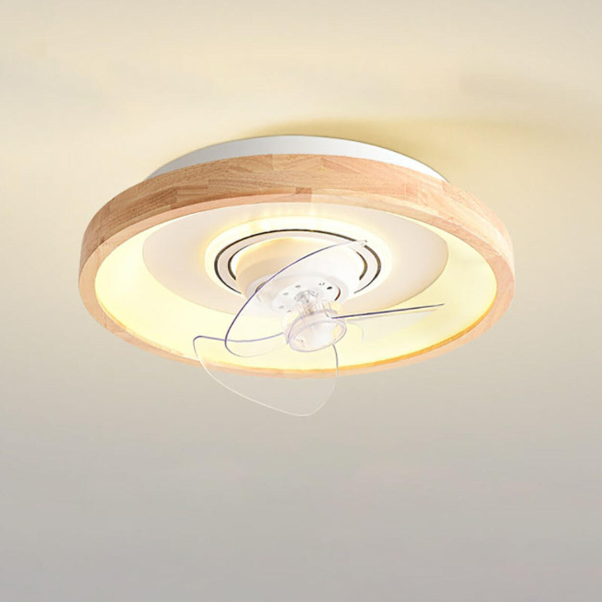 Wooden Round Remote Control Flush Mount Light with Fan Image - 8