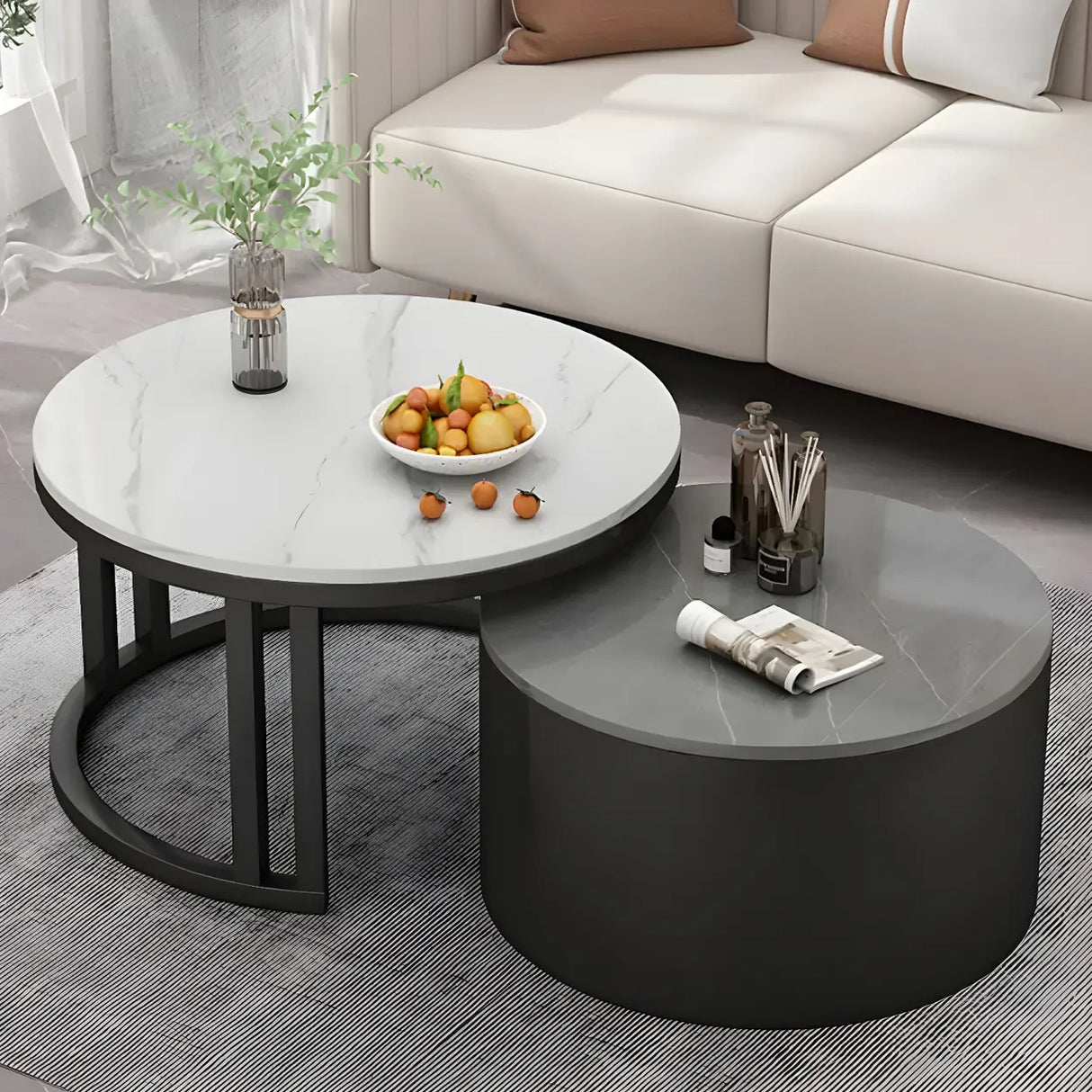 Wooden Stone Round Storage Nesting Coffee Tables Image - 13