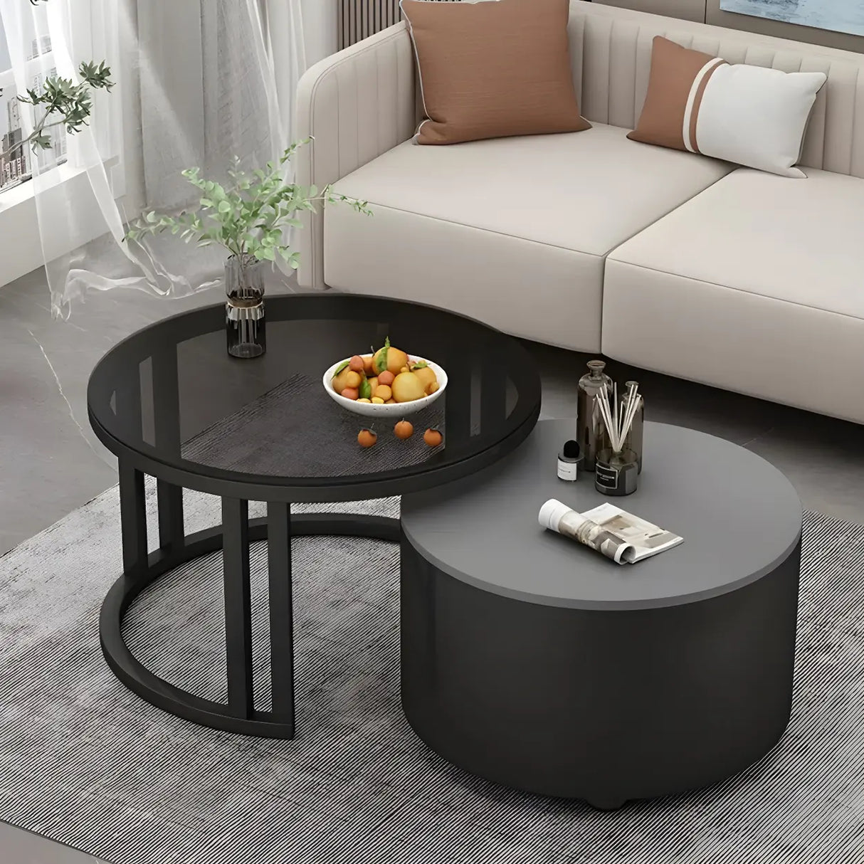 Wooden Stone Round Storage Nesting Coffee Tables Image - 15