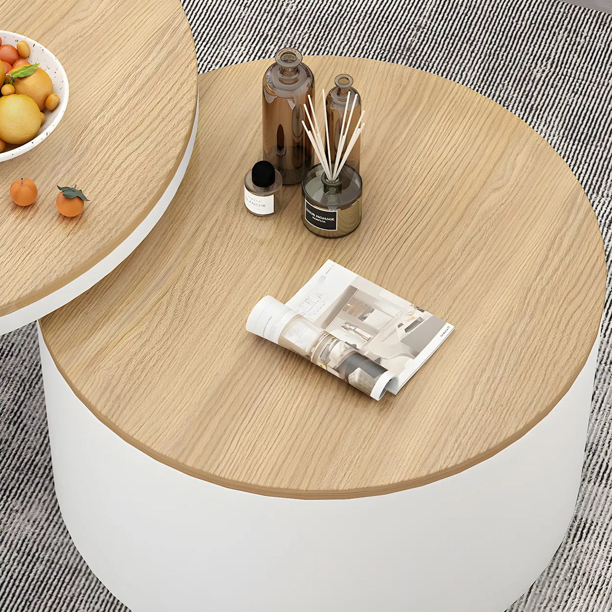 Wooden Stone Round Storage Nesting Coffee Tables Image - 16