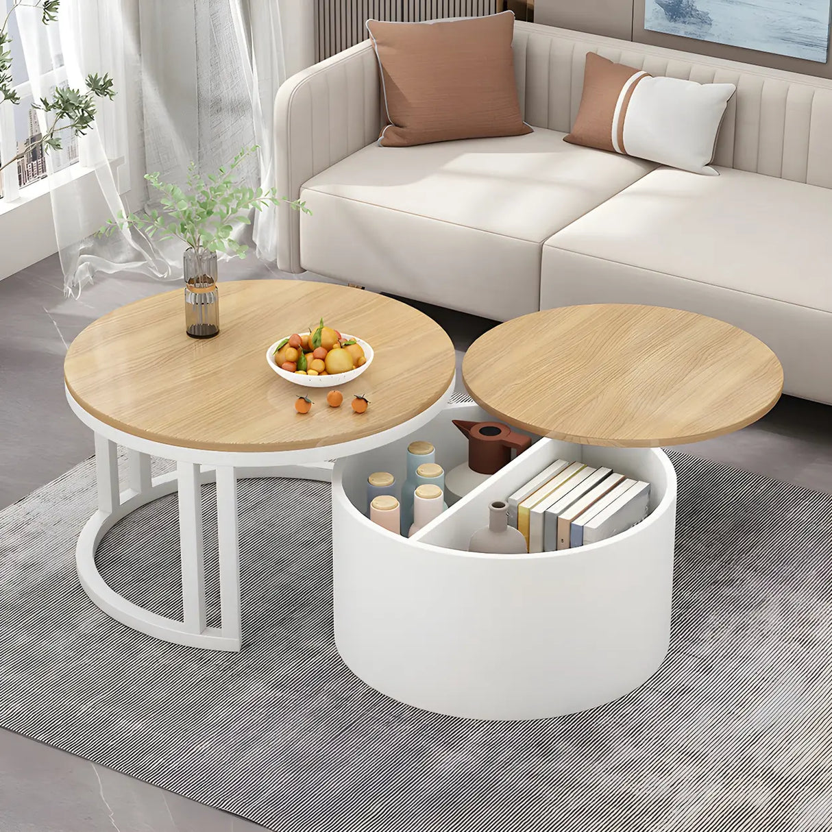 Wooden Stone Round Storage Nesting Coffee Tables Image - 1