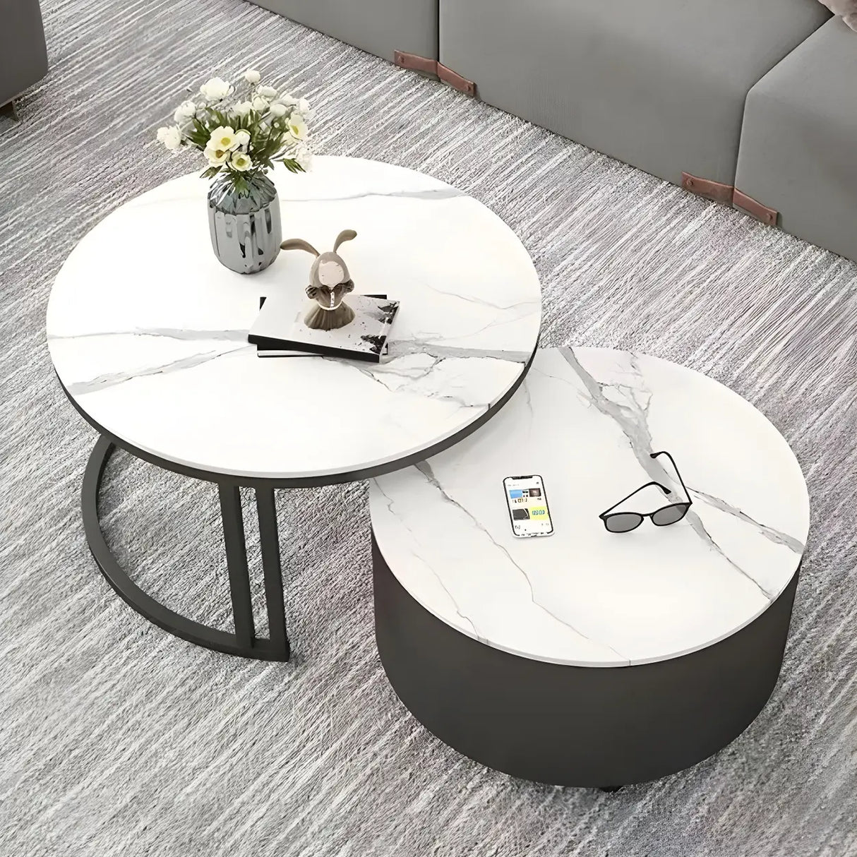 Wooden Stone Round Storage Nesting Coffee Tables Image - 20