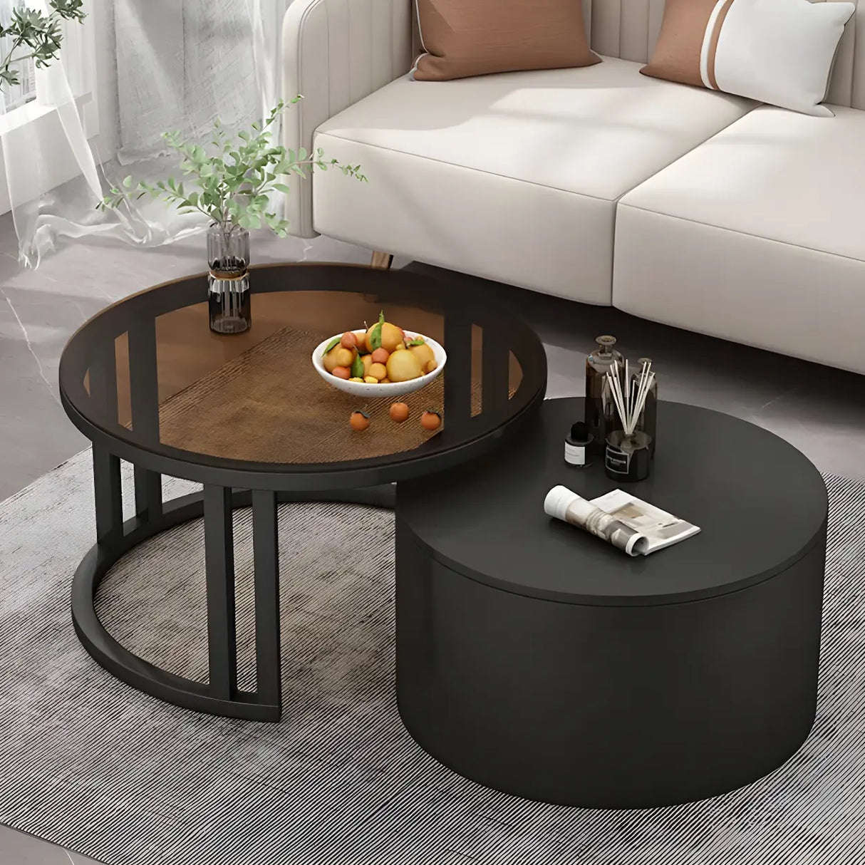 Wooden Stone Round Storage Nesting Coffee Tables Image - 22