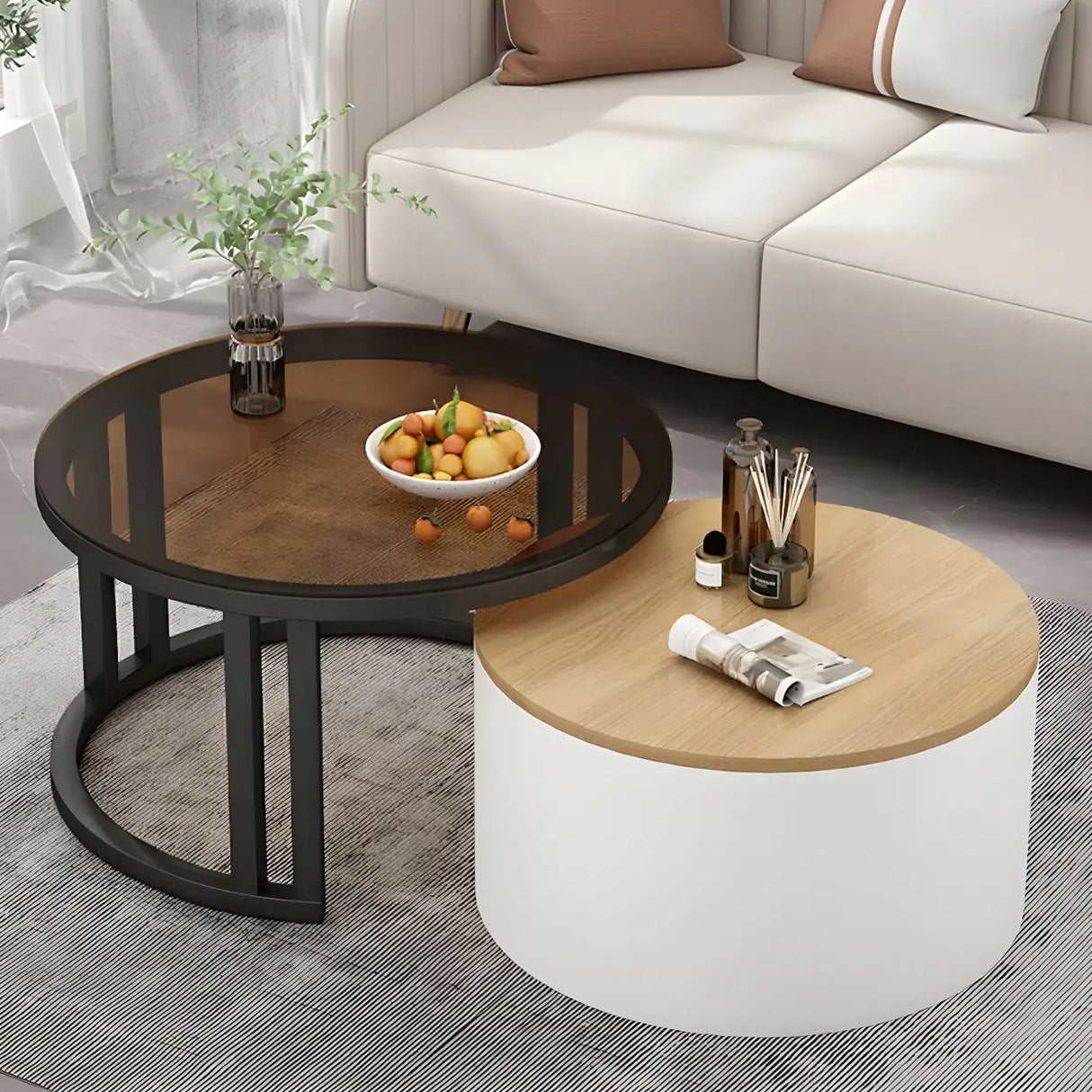 Wooden Stone Round Storage Nesting Coffee Tables Image - 23