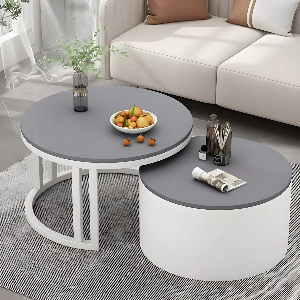 Wooden Stone Round Storage Nesting Coffee Tables Image - 24