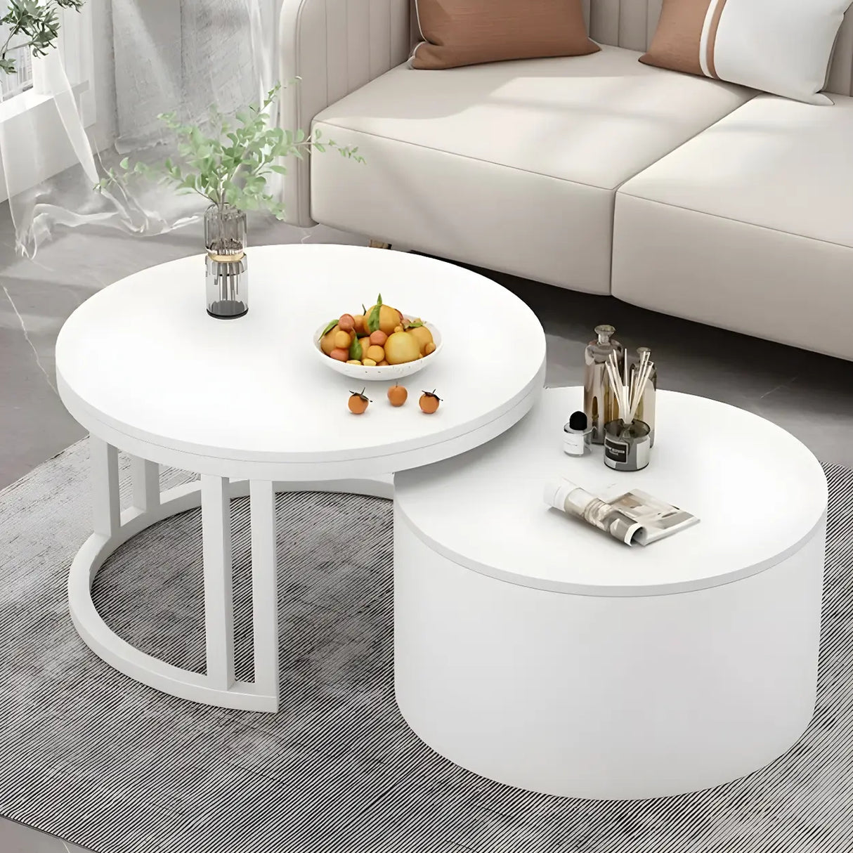 Wooden Stone Round Storage Nesting Coffee Tables Image - 25