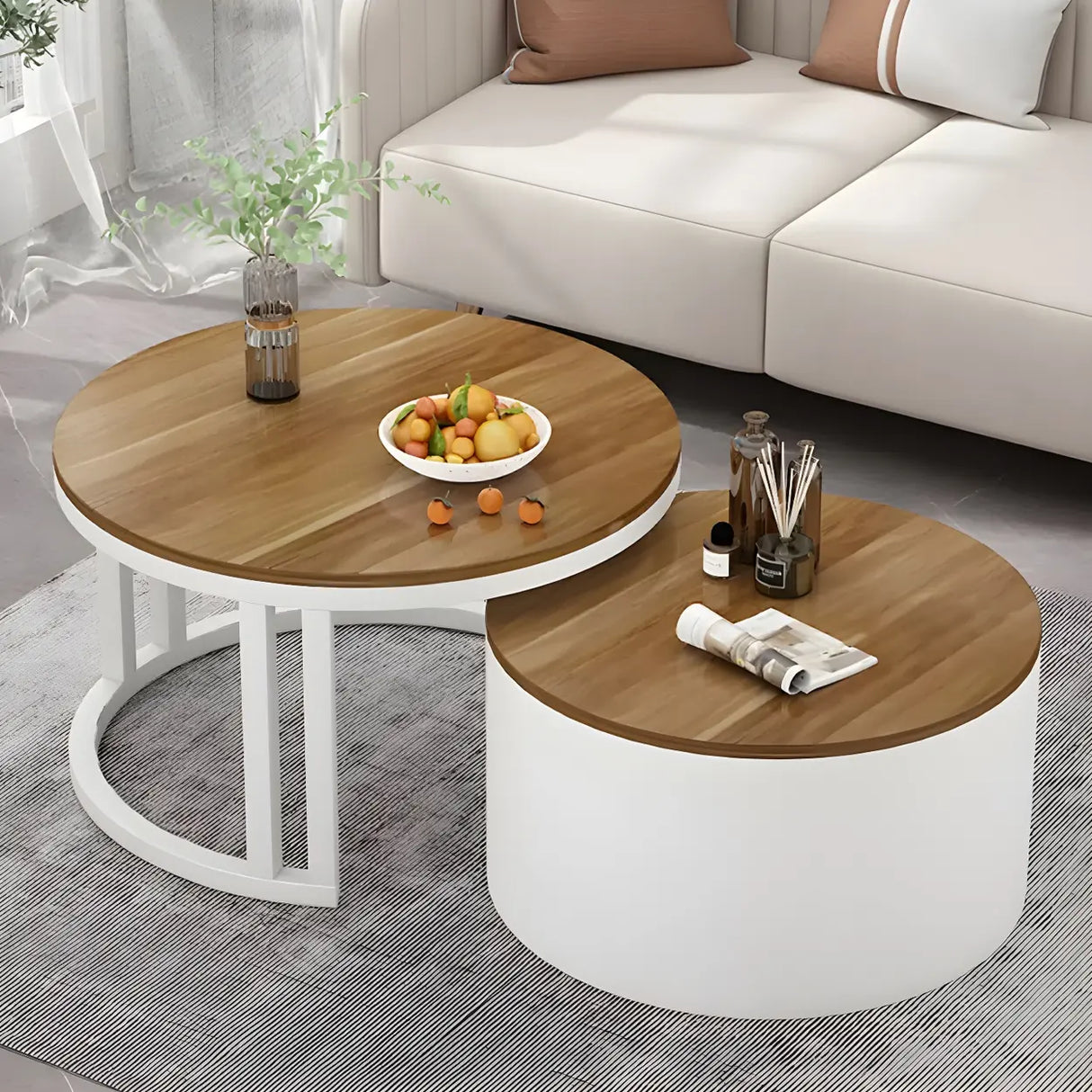 Wooden Stone Round Storage Nesting Coffee Tables Image - 26