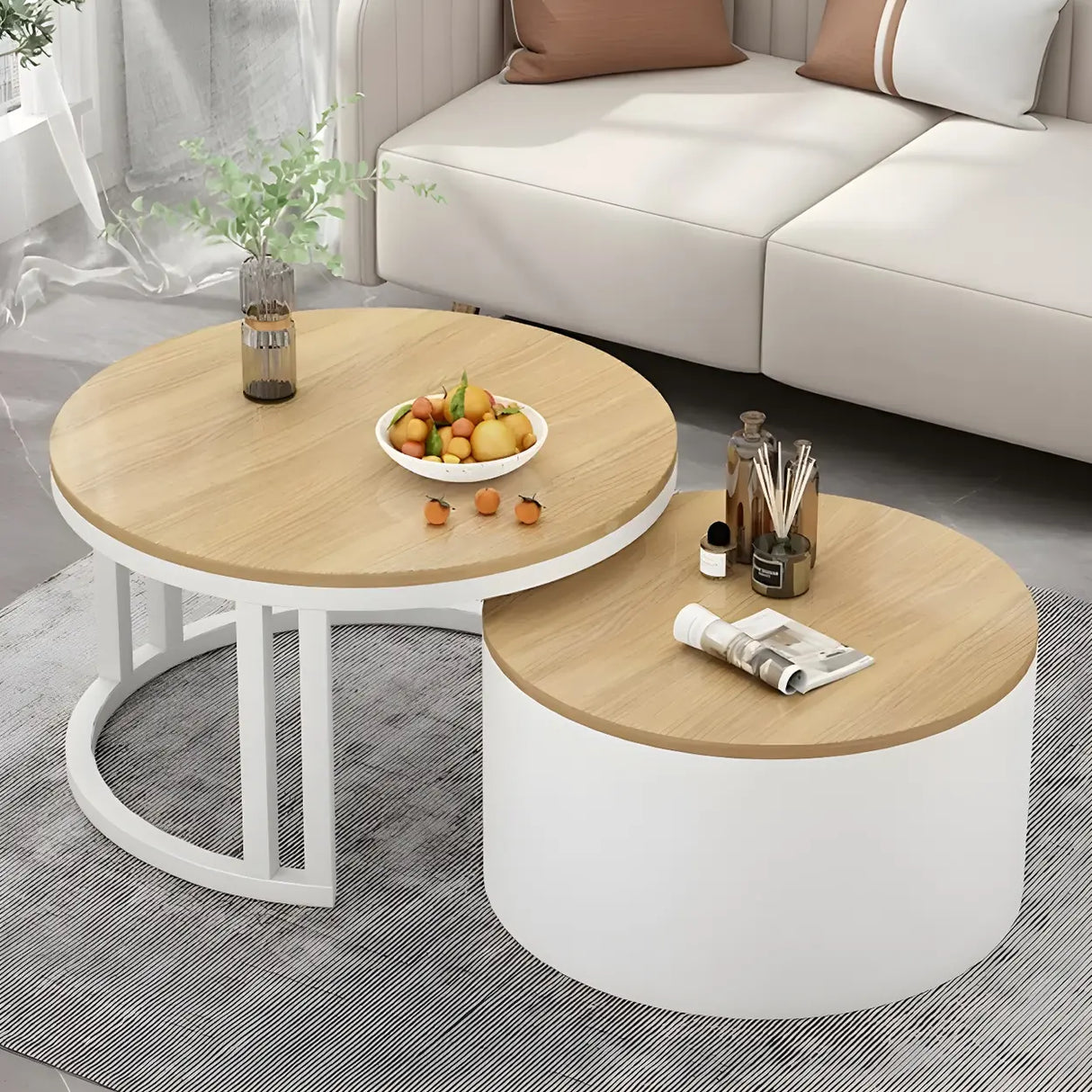 Wooden Stone Round Storage Nesting Coffee Tables Image - 27