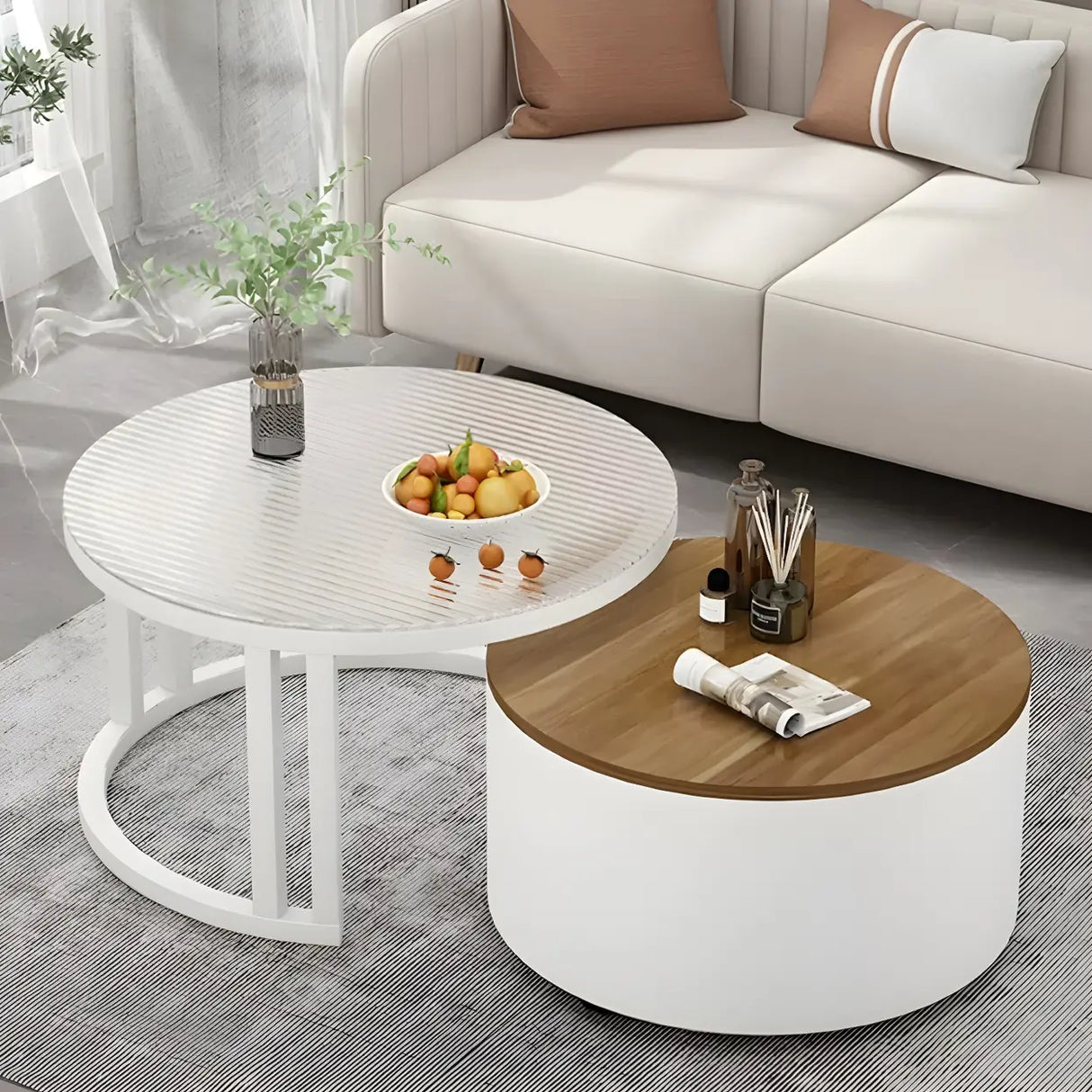 Wooden Stone Round Storage Nesting Coffee Tables Image - 28