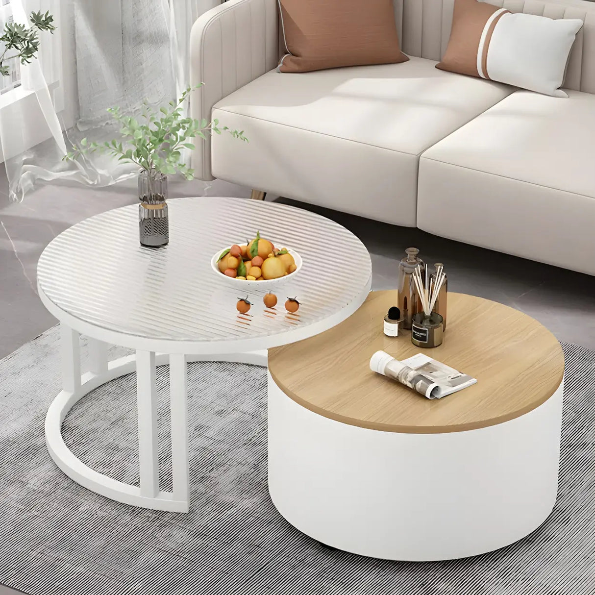 Wooden Stone Round Storage Nesting Coffee Tables Image - 29