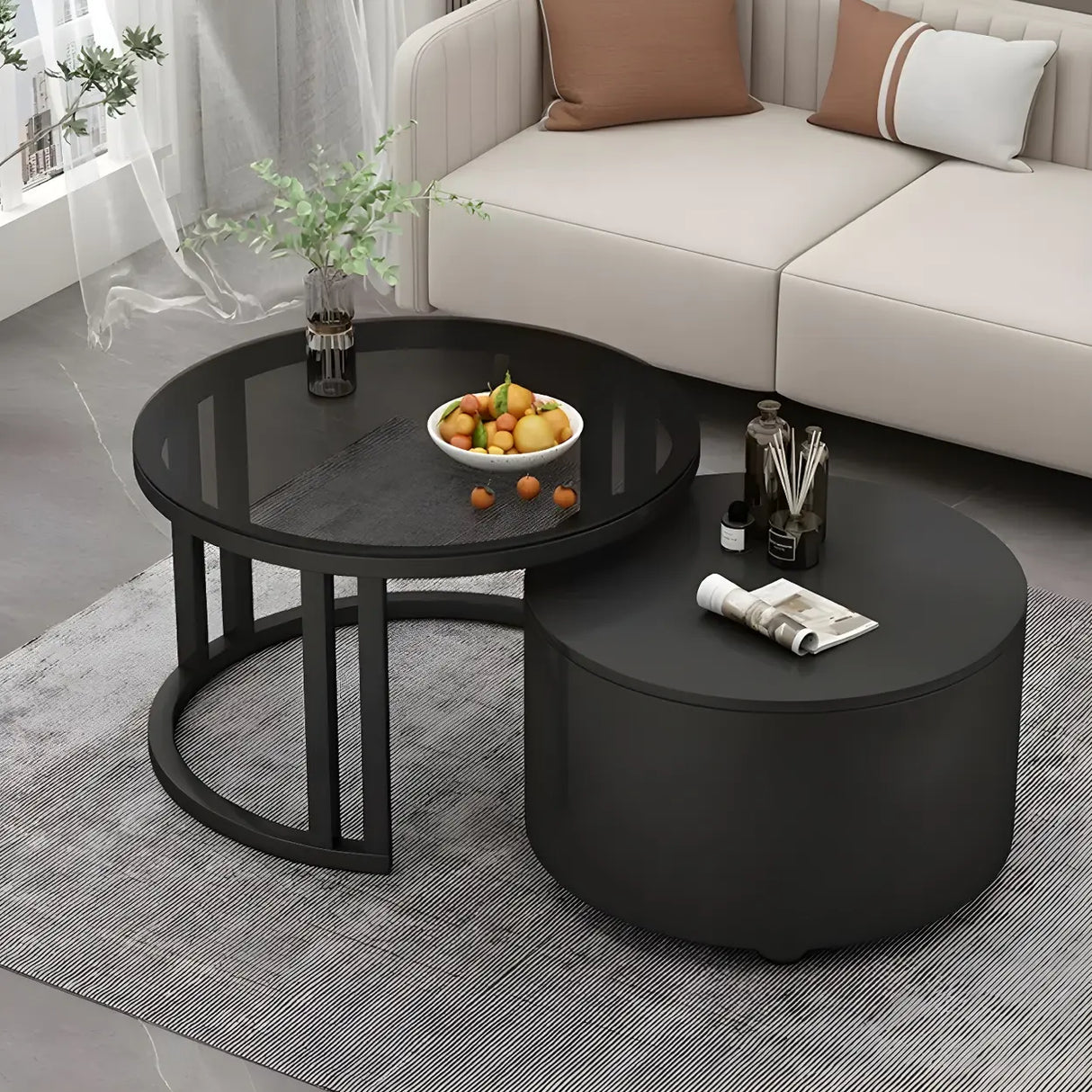 Wooden Stone Round Storage Nesting Coffee Tables Image - 2