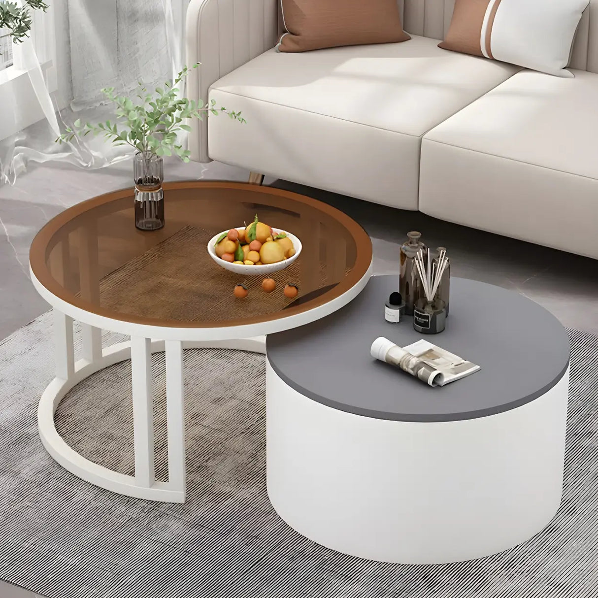 Wooden Stone Round Storage Nesting Coffee Tables Image - 30