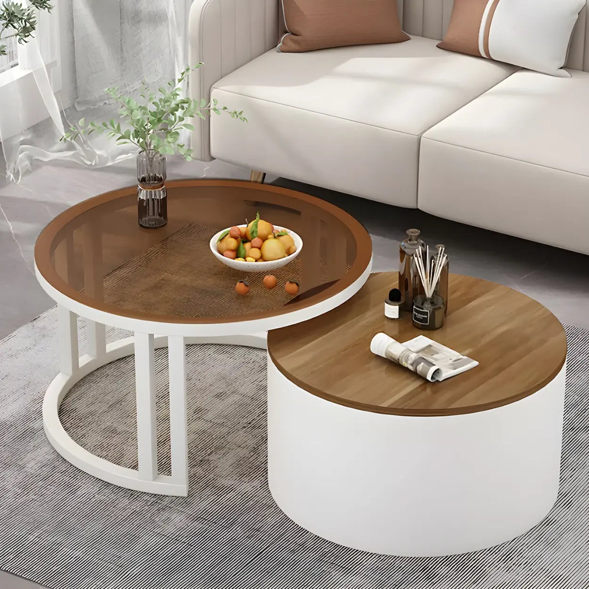 Wooden Stone Round Storage Nesting Coffee Tables Image - 33