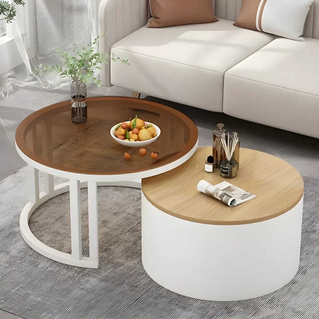 Wooden Stone Round Storage Nesting Coffee Tables Image - 34