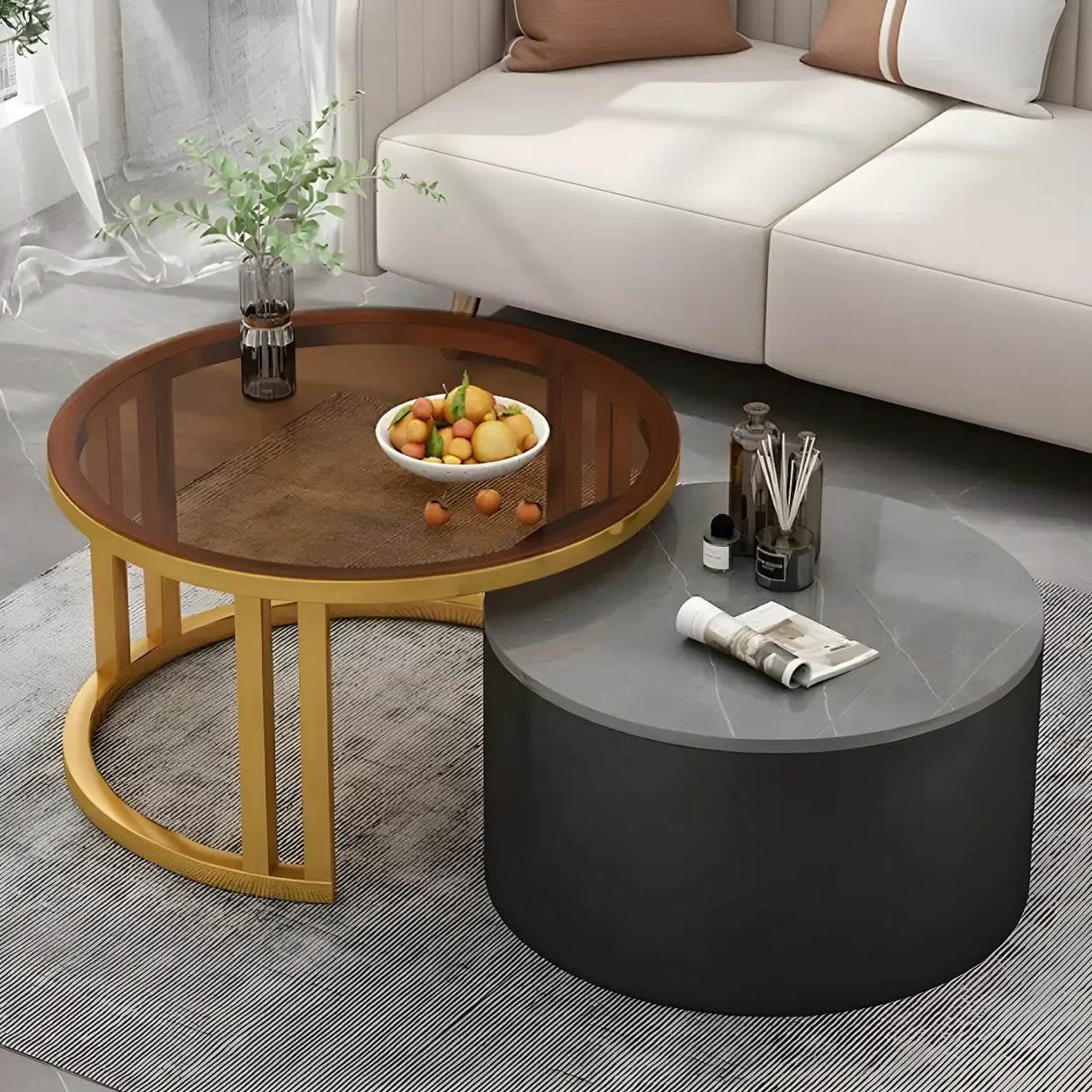 Wooden Stone Round Storage Nesting Coffee Tables Image - 35