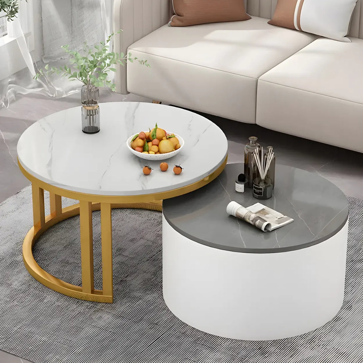 Wooden Stone Round Storage Nesting Coffee Tables Image - 37