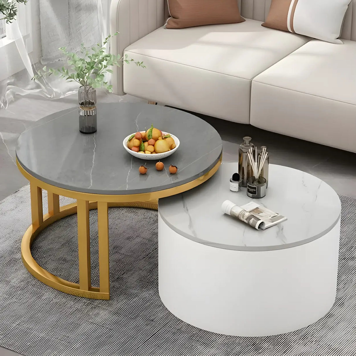 Wooden Stone Round Storage Nesting Coffee Tables Image - 38
