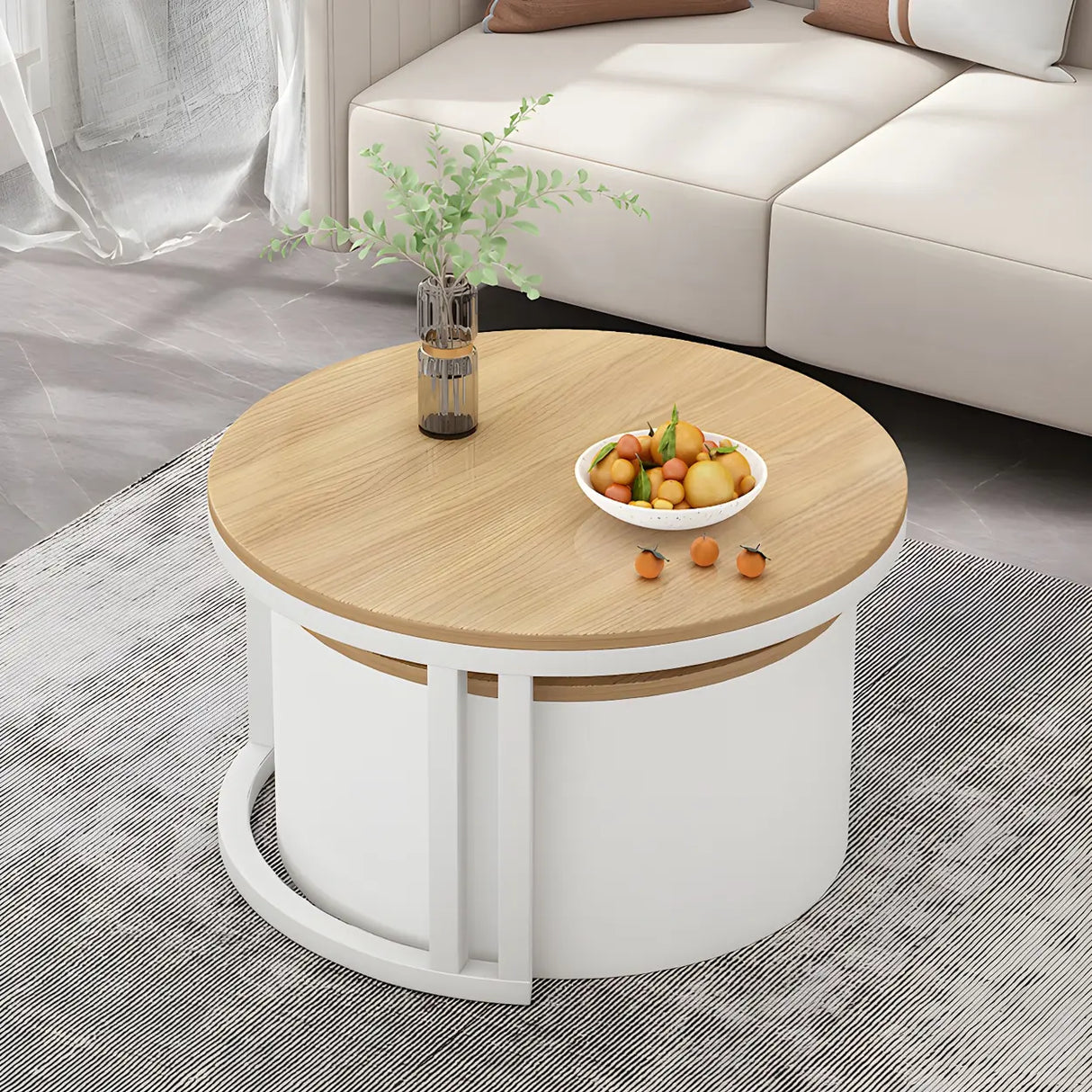 Wooden Stone Round Storage Nesting Coffee Tables Image - 4