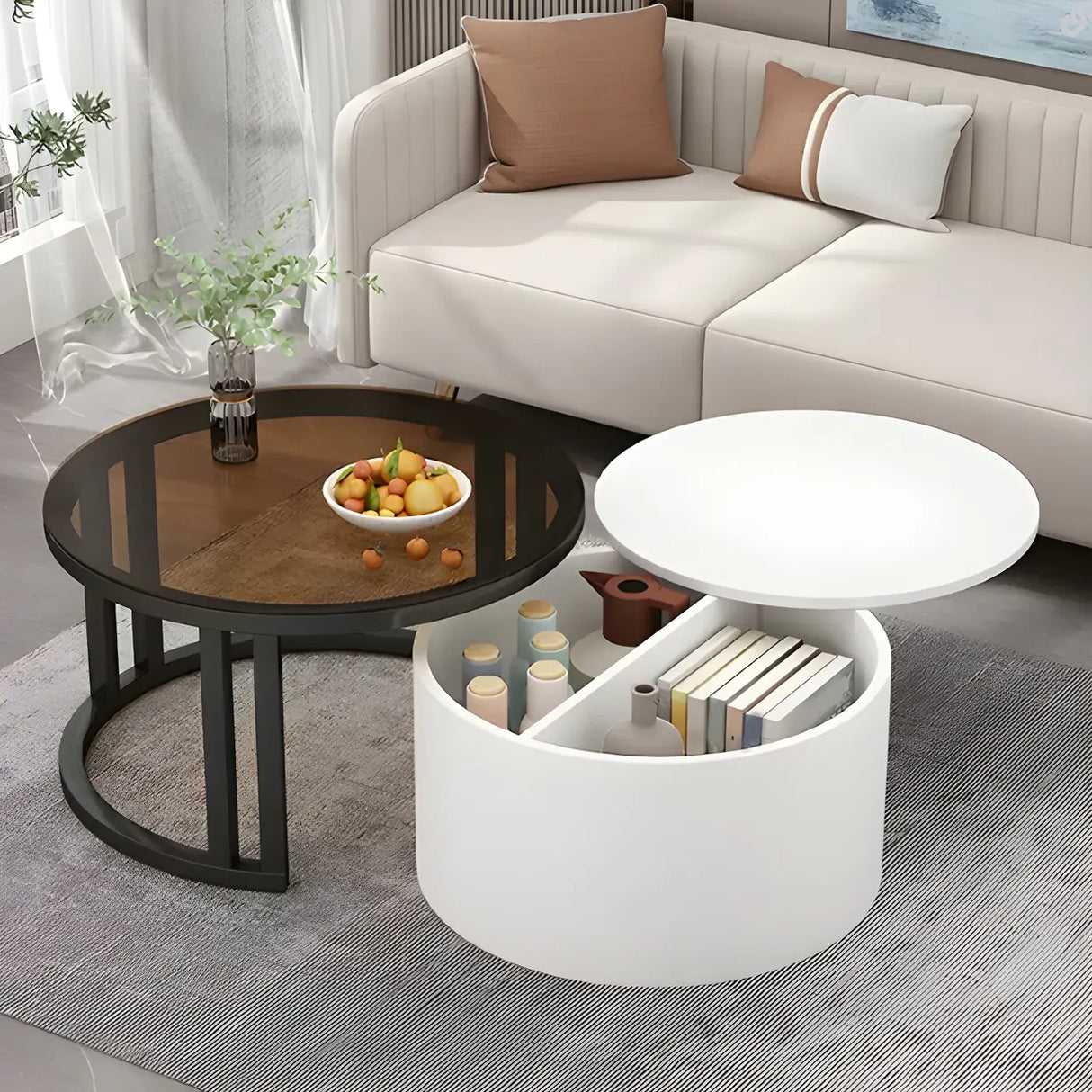 Wooden Stone Round Storage Nesting Coffee Tables Image - 5